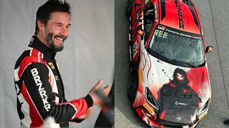 “In his professional racing debut, Keanu Reeves avoids injury.”